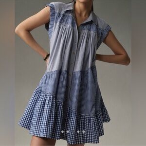 Anthropologie Blue Gingham Tunic Mini Dress
